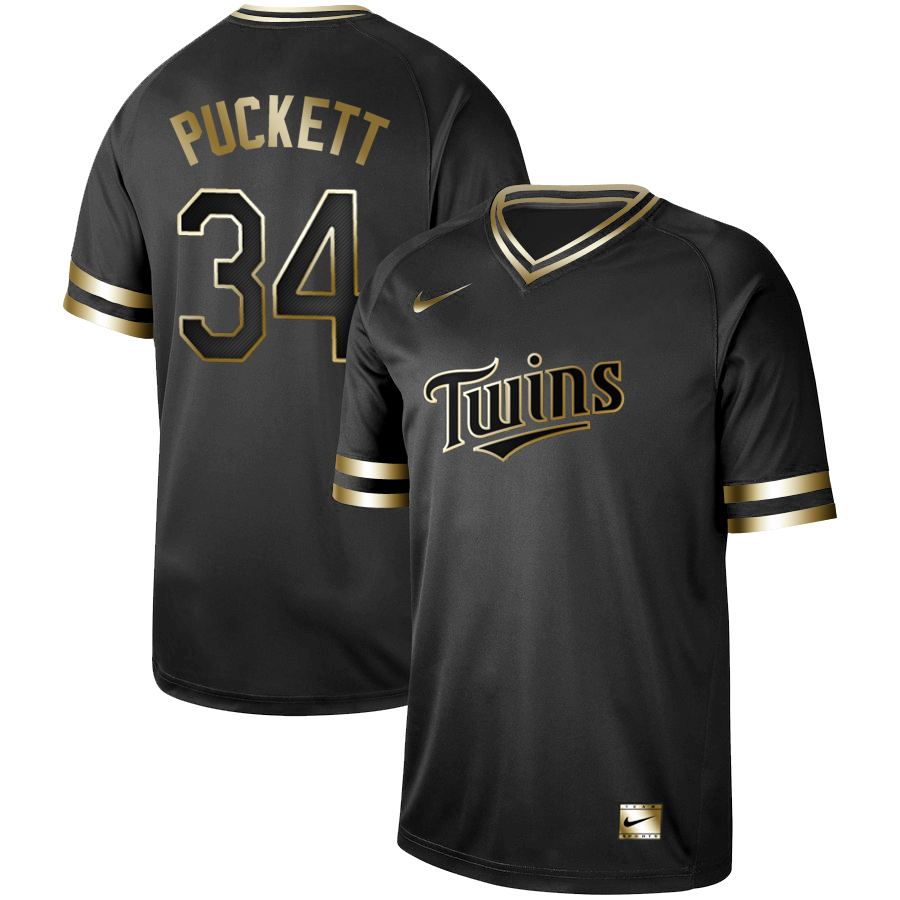 Men's Minnesota Twins #34 Kirby Puckett Black Gold Stitched MLB Jersey